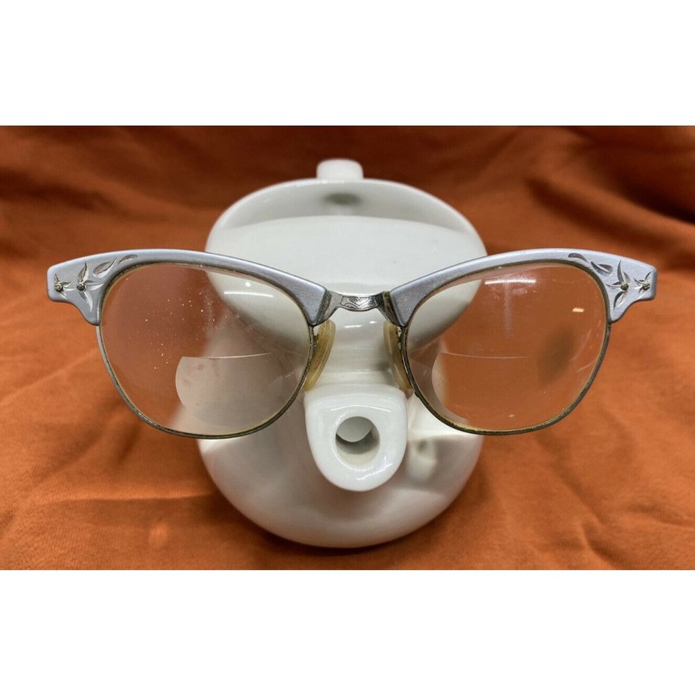 1950s Vintage Artcraft Cat Eye Floral Aluminum Eyeglass Frames Silver MCM Retro